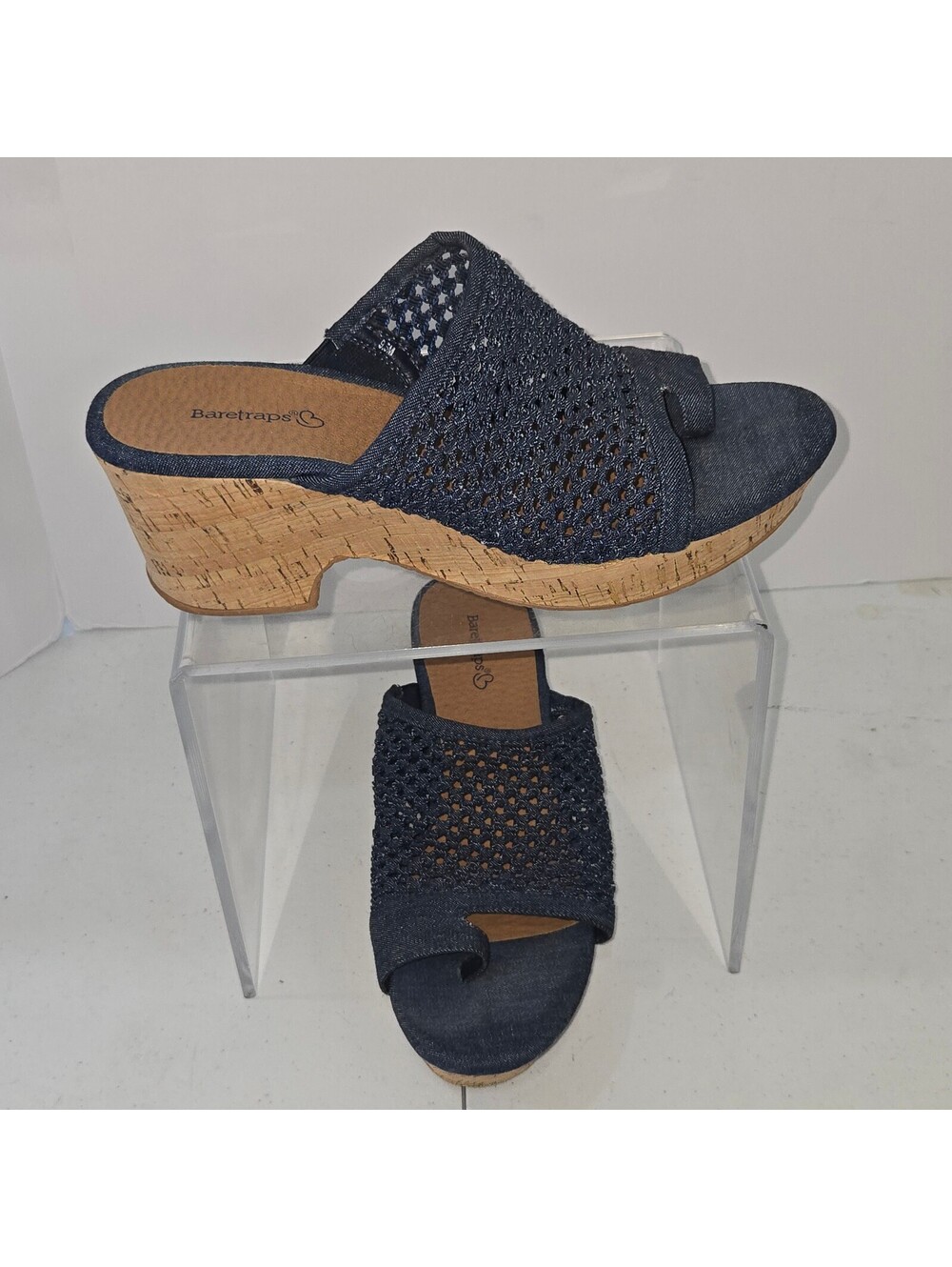 Baretraps Women's Size 9.5 M Blue Denim Woven Cork Platform Wedge Slide Sandals